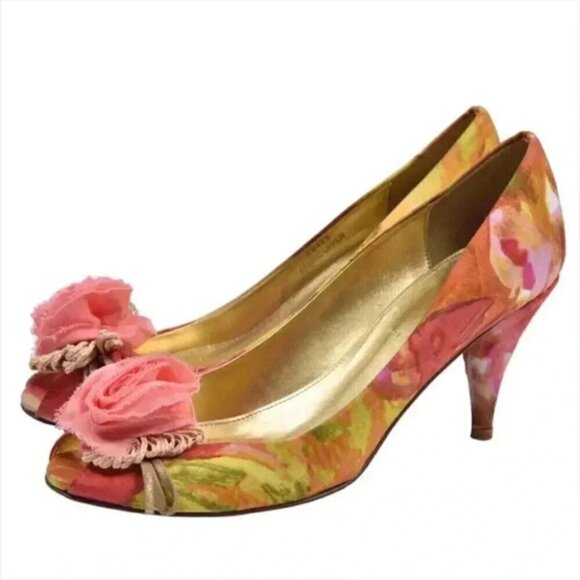 J. Crew Raffia Rose Printed Peep Toe Heels Golden Beach Size 7 - Picture 2 of 11